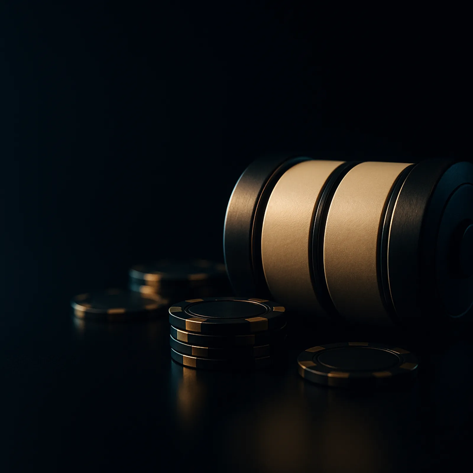 Cinematic wide banner of casino reel drums and poker chips on deep midnight navy, lit with warm gold key light and cyan-teal 