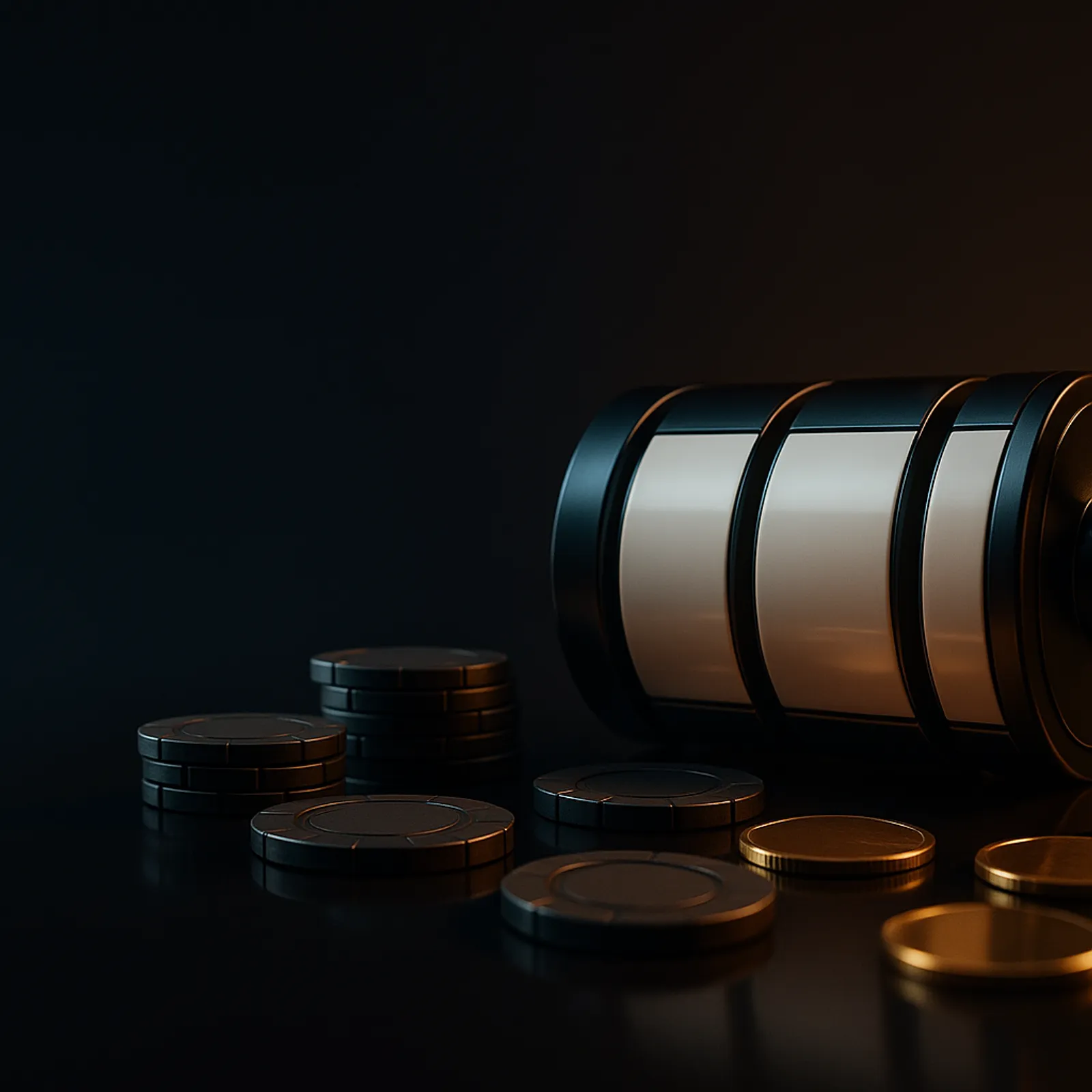 Cinematic wide banner showing casino reel drums and poker chips on a deep midnight navy background with gold key light and cy