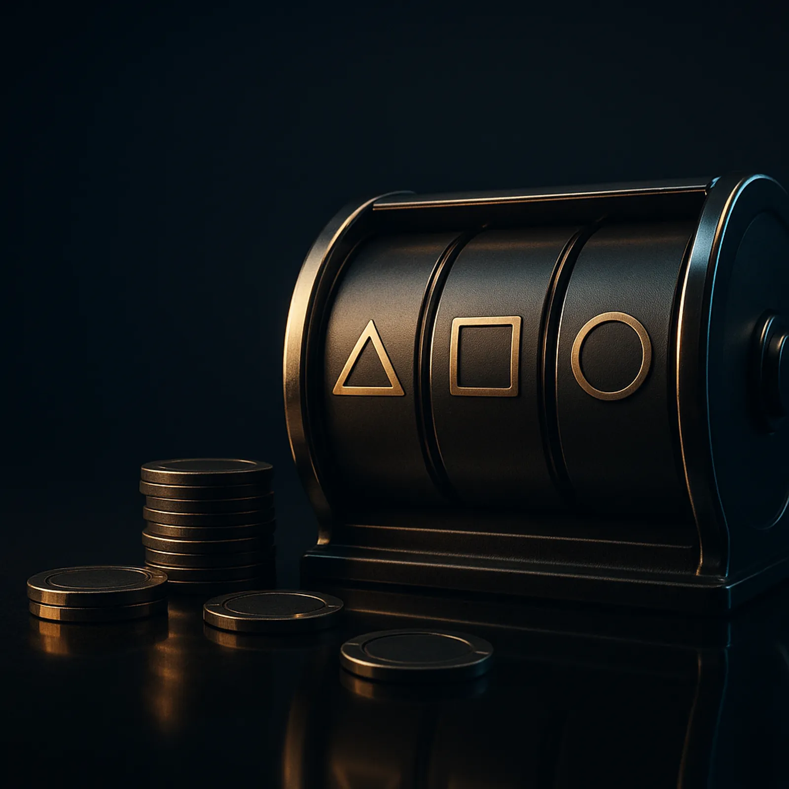 Cinematic hero banner showing casino reel drums and chips on a deep midnight navy background with gold key light and cyan-tea