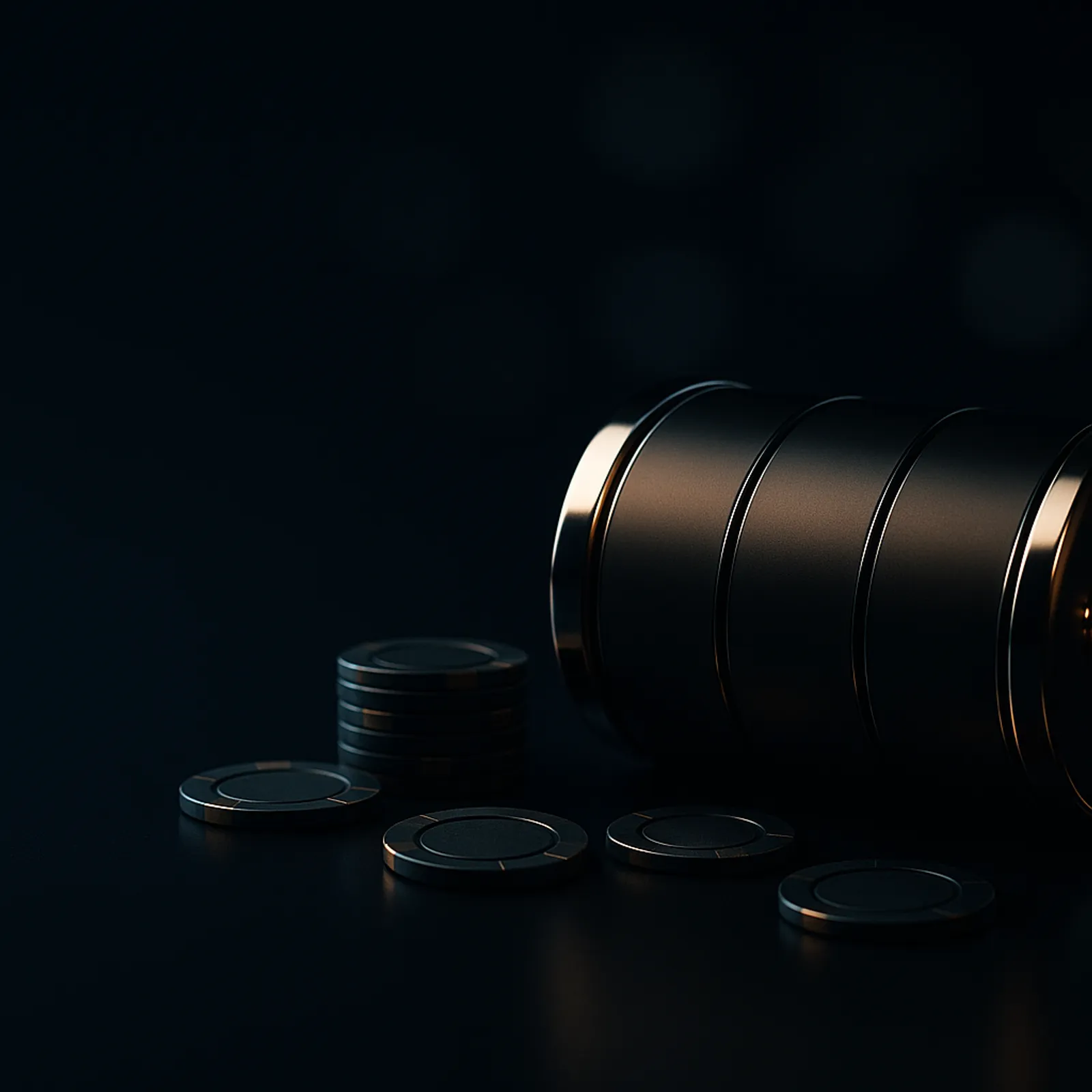 Cinematic hero banner showing casino reel drums and poker chips on a deep midnight navy background with warm gold key light a
