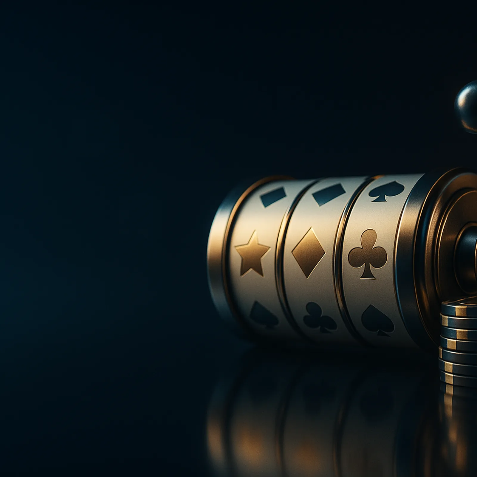 Cinematic wide casino hero banner with reel drums and chips on deep midnight navy, gold key light, cyan rim light, shallow de