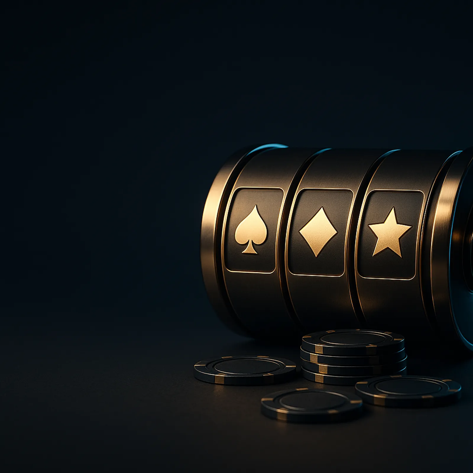 Cinematic wide hero banner showing casino reel drums and poker chips on a deep midnight navy background with warm gold key li