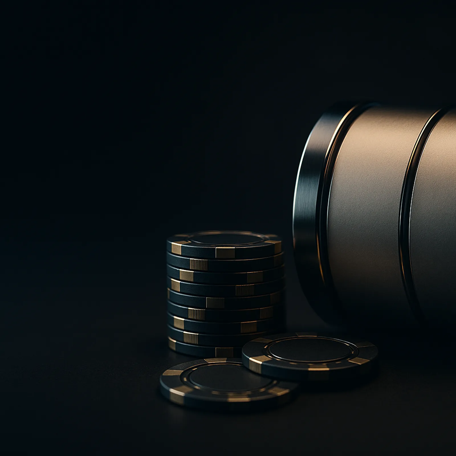 Cinematic wide casino hero banner featuring golden reel drums and poker chips on a deep midnight navy background with gold an