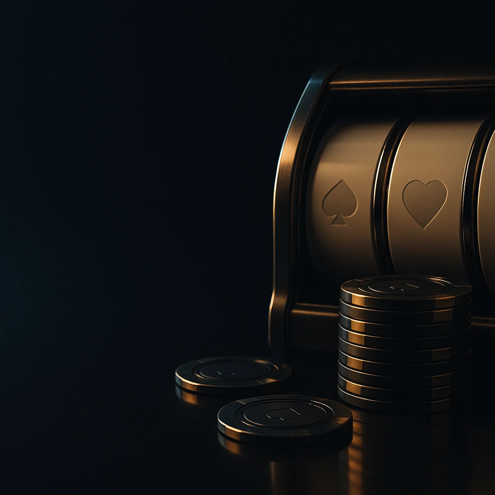 Cinematic wide hero banner showing casino reel drums and chips on a deep midnight navy background with gold key light and cya