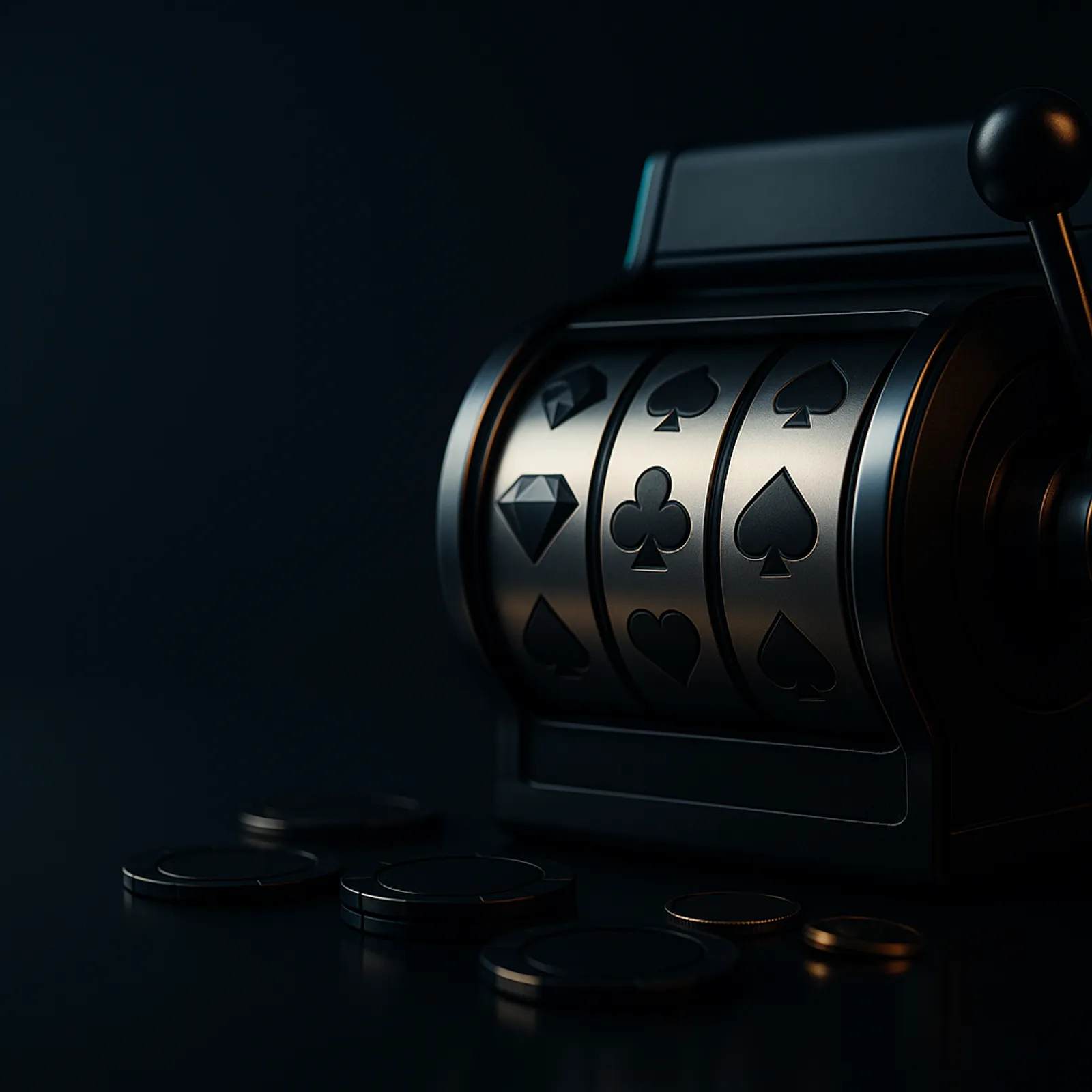 Cinematic wide hero banner showing casino reel drums and poker chips on deep midnight navy with gold and cyan-teal lighting