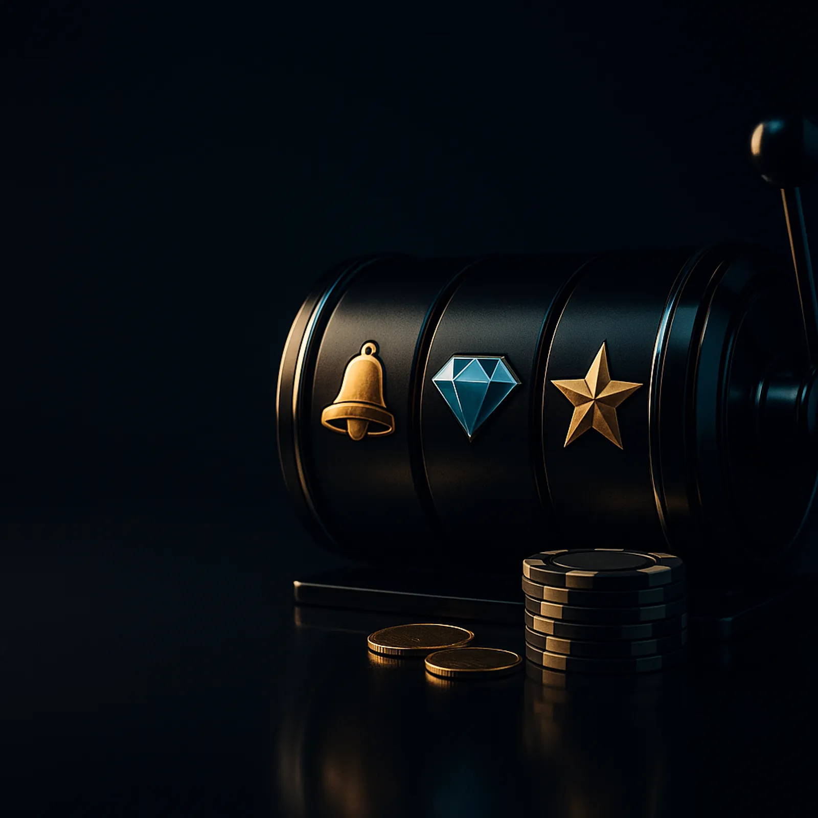 Cinematic wide casino hero banner with reel drums and poker chips on deep midnight navy, gold key light and cyan rim accent