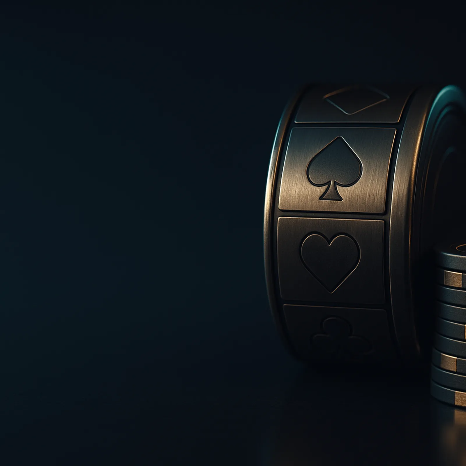 Cinematic midnight navy hero banner with gold-lit casino reel drums and poker chips, cyan rim light accent, shallow depth of 