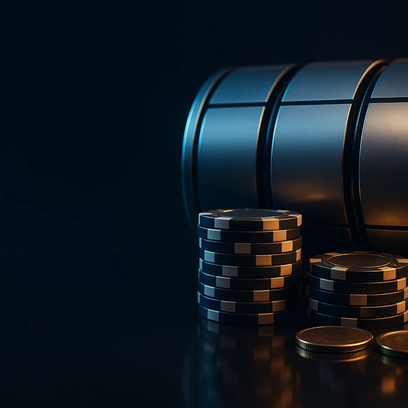 Cinematic wide banner with casino reel drums and chips on deep midnight navy background with gold and cyan rim lighting