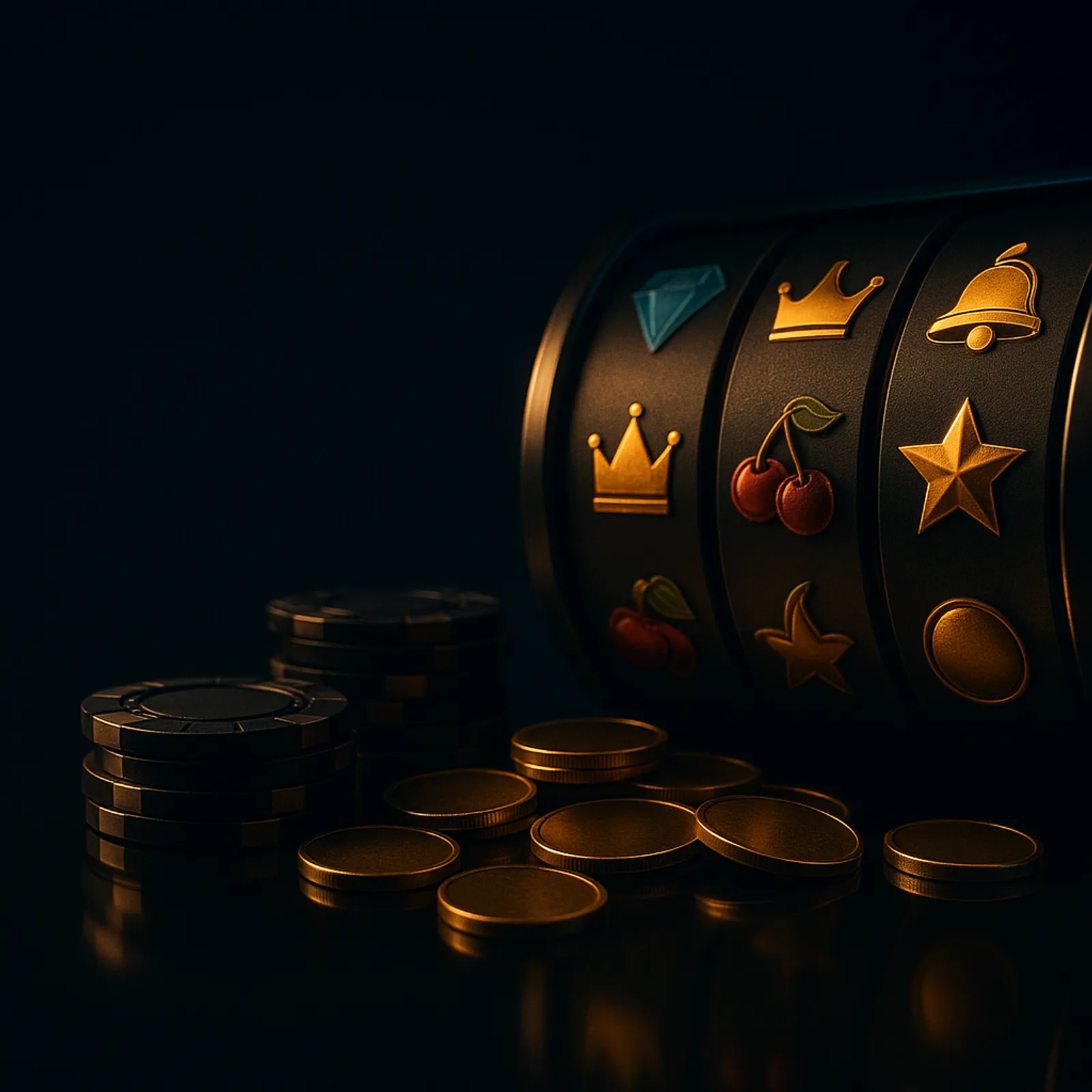 Cinematic wide hero banner showing casino reel drums and poker chips on deep midnight navy background with gold and cyan rim 