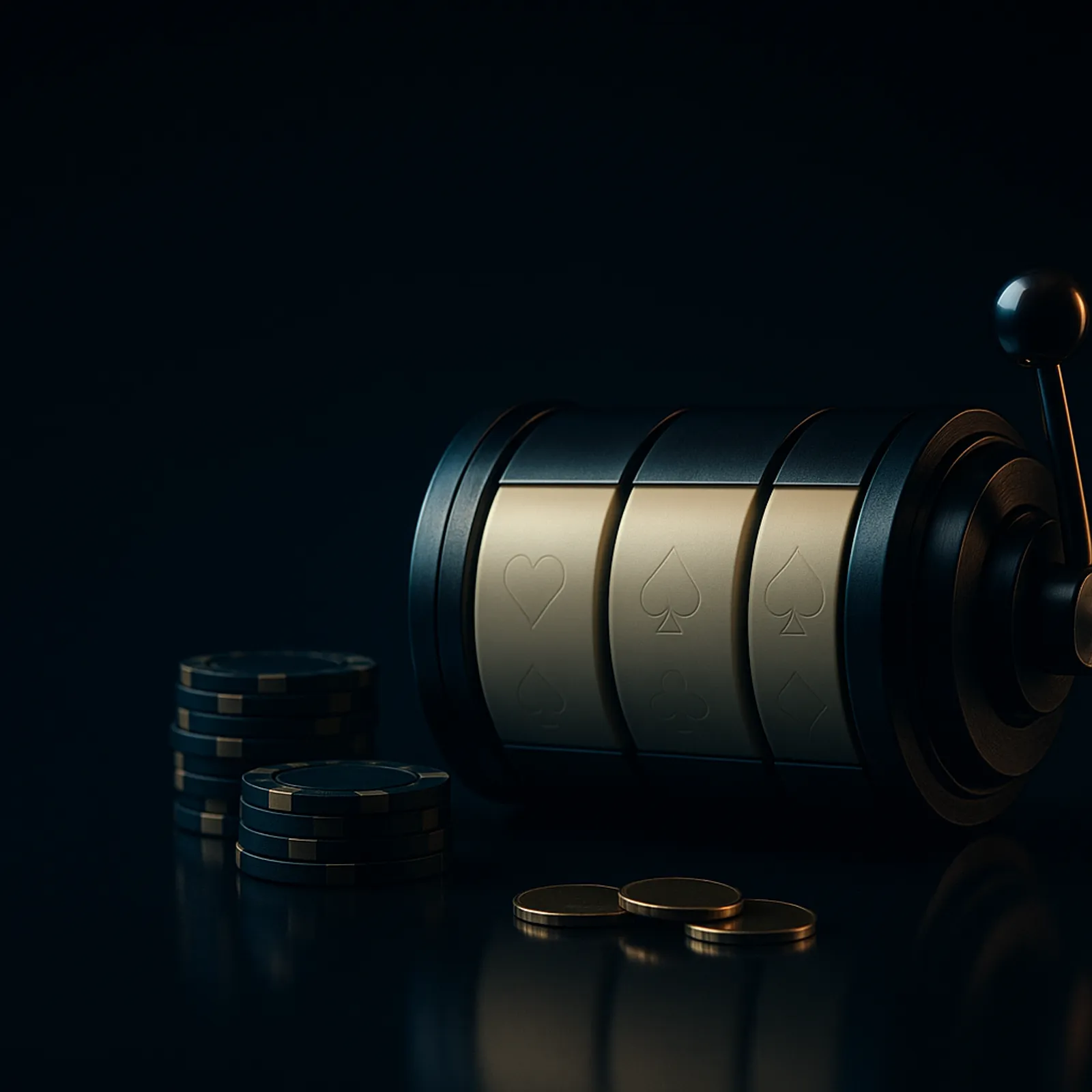 Cinematic wide hero banner with casino reel drums and poker chips on a deep midnight navy background with gold key light and 