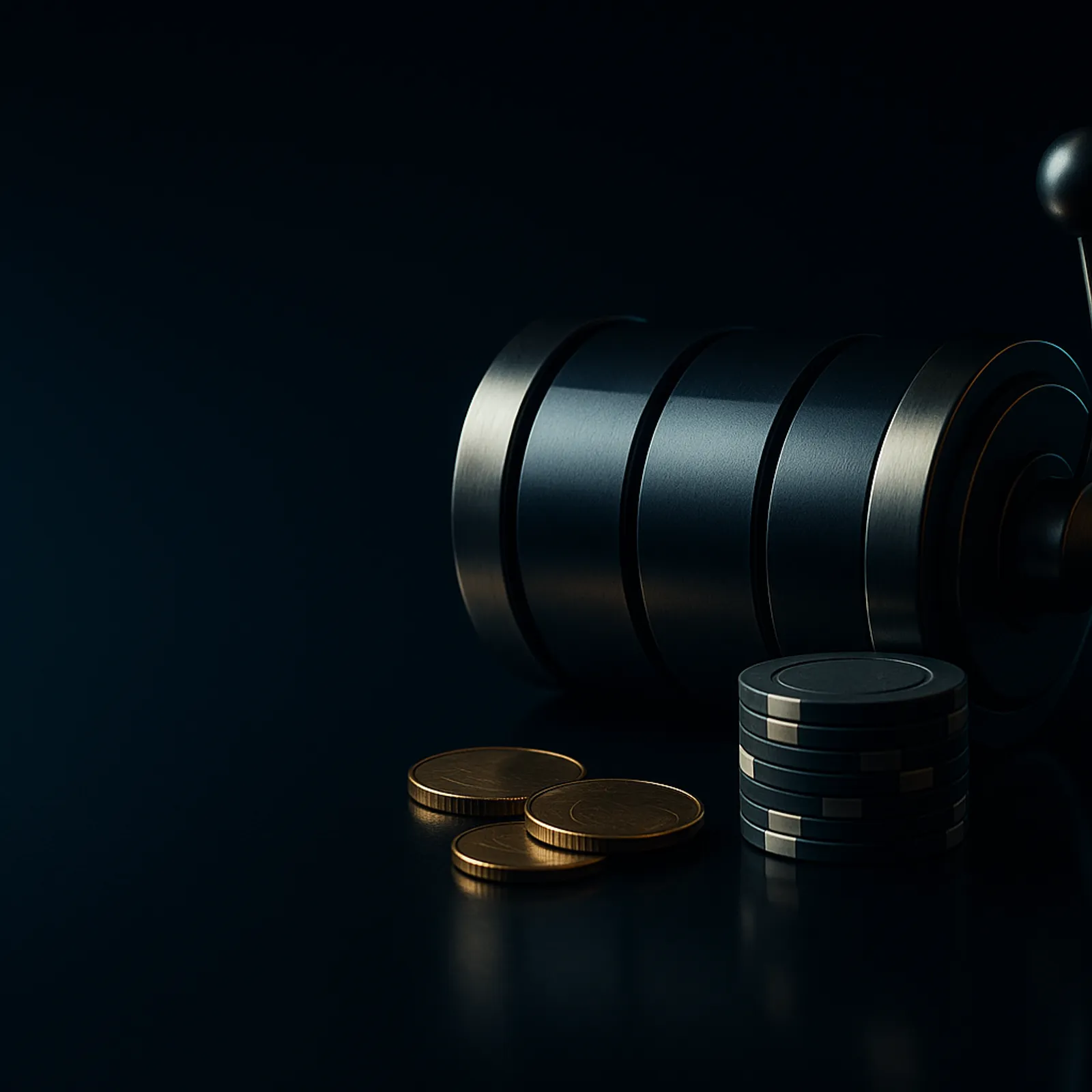 Cinematic wide hero banner showing casino reel drums and poker chips on a deep midnight navy background with gold key light a