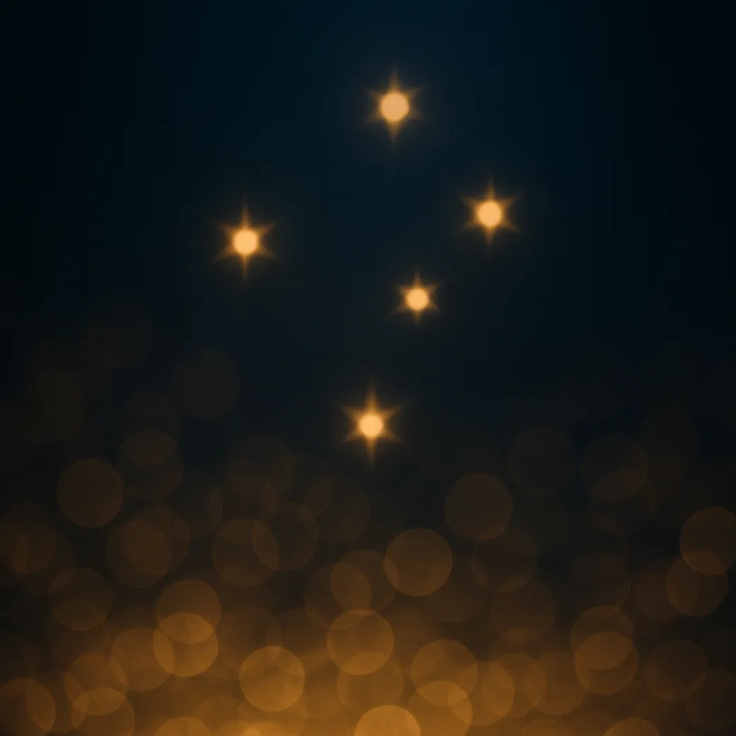 Abstract field of gold bokeh lights over midnight navy background with subtle Southern Cross star pattern, cinematic editoria