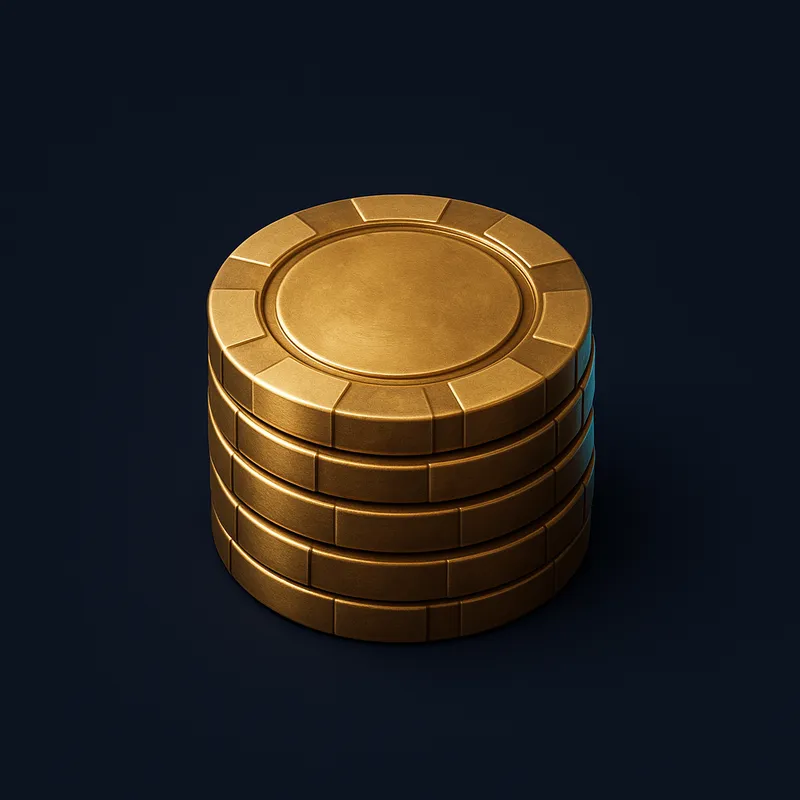 Single gold casino chip stack with cyan-teal rim light on deep navy background, premium 3D render offer card icon