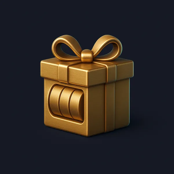 Premium 3D gold casino bonus icon on deep navy background with cyan-teal rim light, warm antique gold finish